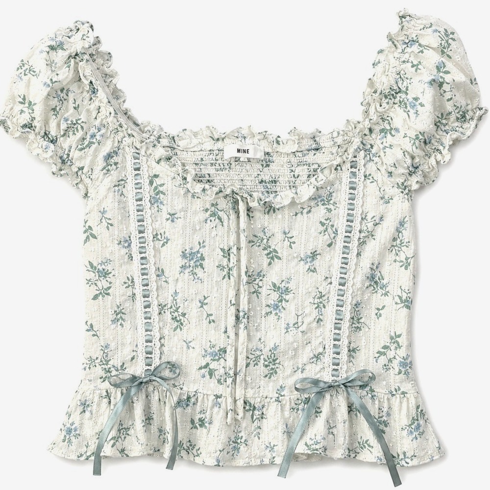 Mine Floral Swiss Dot Crop Top Lace Ribbon Puff Sleeve White Blue Women's L
